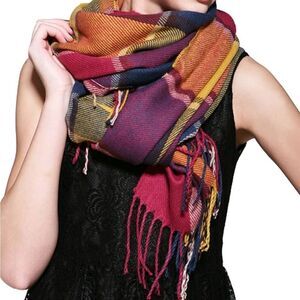 Colorful Plaid Fringe Tassel Trim Blanket Oversized Scarf - NEW